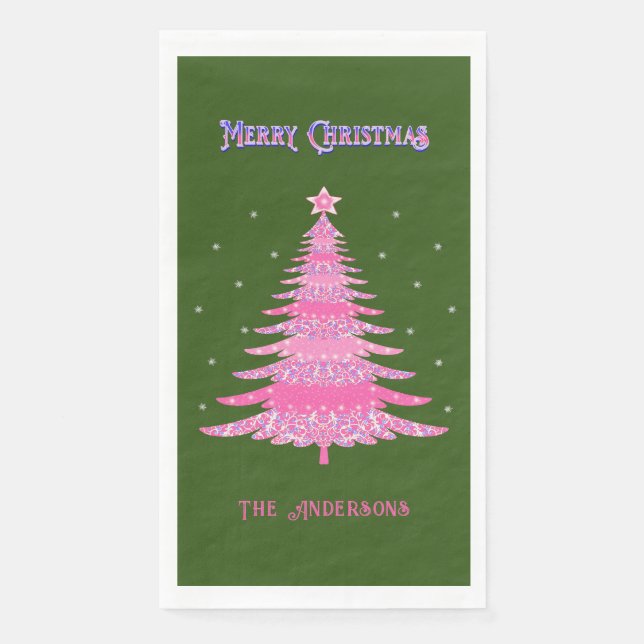 Elegant Pink Christmas Tree Name Custom Green Napkin (Front)