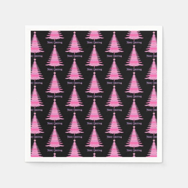 Elegant Pink Christmas Tree Pattern Black Napkin (Front)