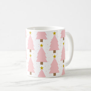 Elegant Pink Christmas Trees Forest, Golden Stars Coffee Mug