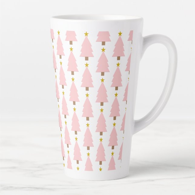 Elegant Pink Christmas Trees Forest, Golden Stars Latte Mug (Right)