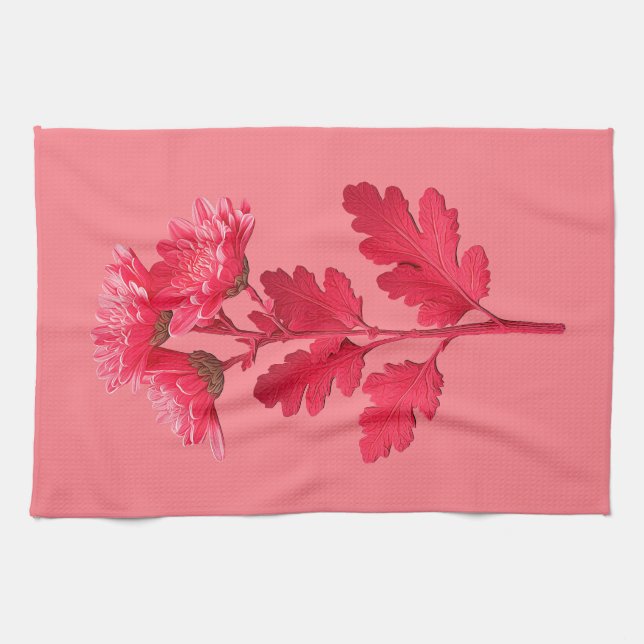 Elegant Pink Chrysanthemum Kitchen Towel (Horizontal)
