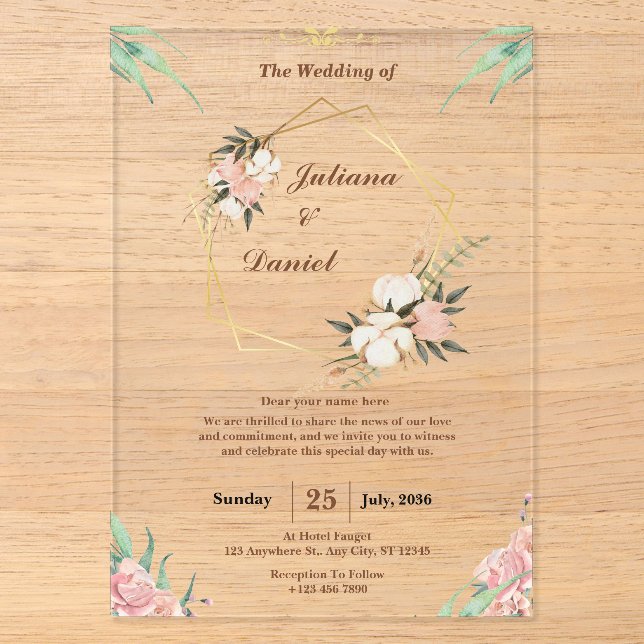 Elegant Pink Clear Acrylic Wedding Invitations (Front)