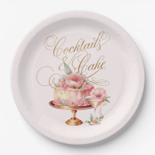 Elegant Pink Cocktails and Cake Bridal Shower Paper Plate
