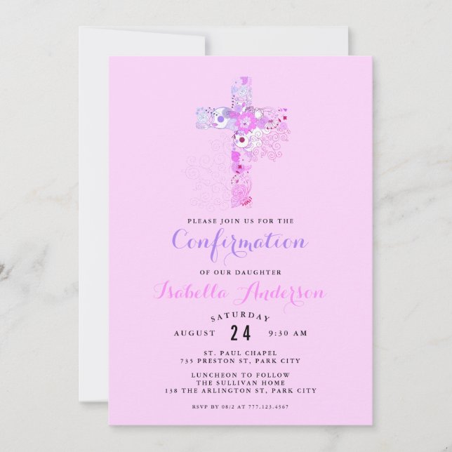 Elegant pink confirmation floral cross name  invitation (Front)
