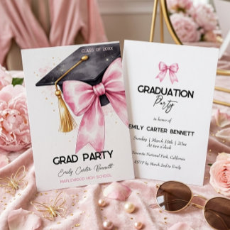 Elegant Pink Coquette Bow Graduation Hat Invitation