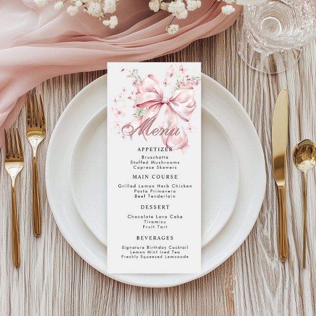 Elegant Pink Coquette Bow Pearls Menu Card (Pink Bow Pearls Menu Card)
