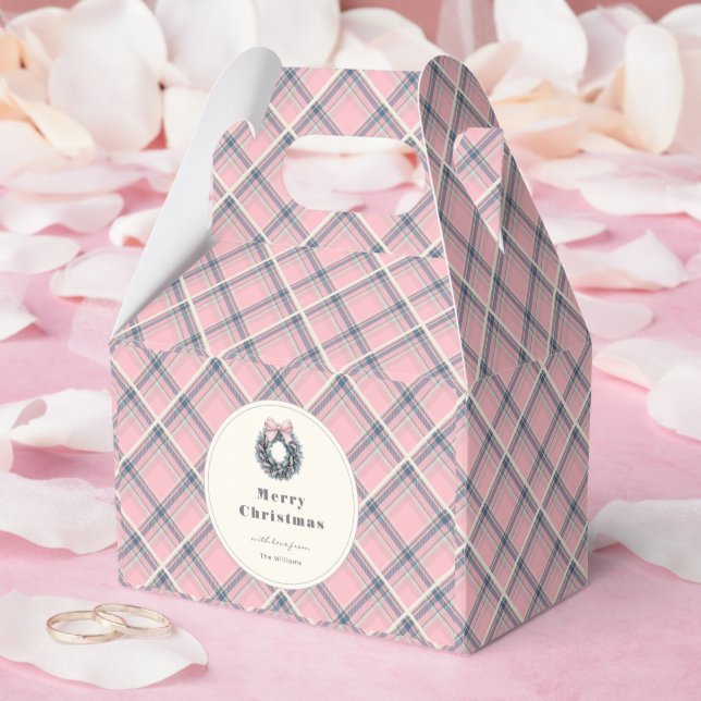Elegant Pink Coquette Xmas Wreath Preppy Plaid Favor Box (Wedding)