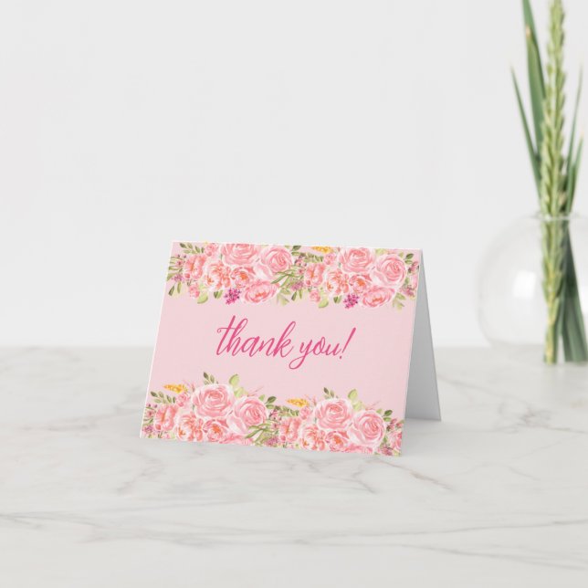 Elegant Pink Coral Floral Wedding Thank You Card (Front)