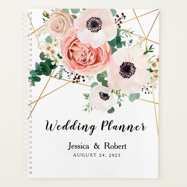 Elegant Pink Coral Flowers Wedding Personalize Planner (Front)