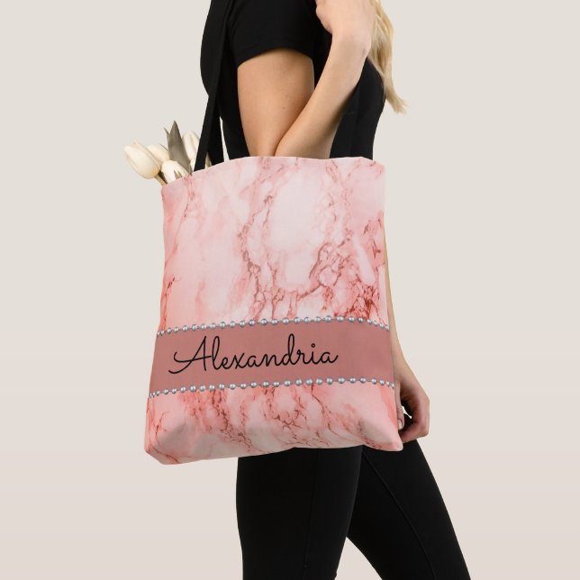 Elegant Pink Coral Marble Personalized Tote Bag (Close Up)