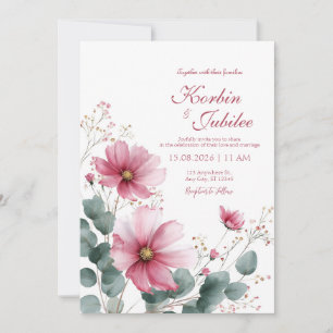 Elegant Pink Cosmos Eucalyptus Watercolor Invitation