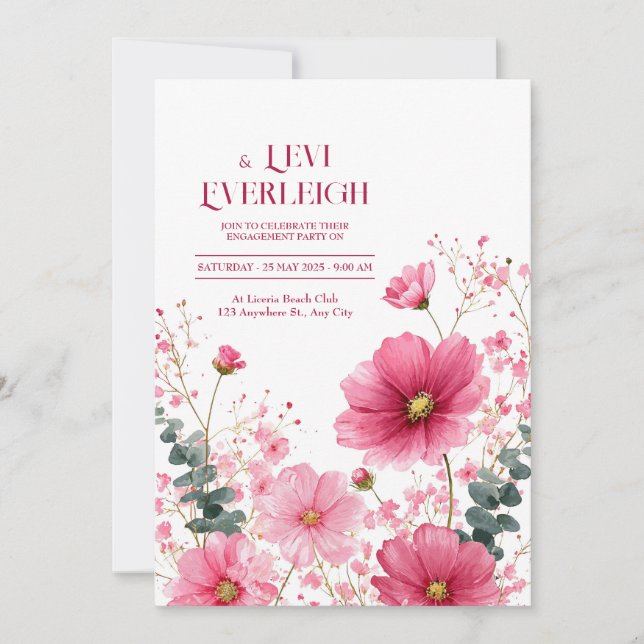Elegant Pink Cosmos Eucalyptus Watercolor Invitation (Front)