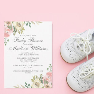 Elegant Pink Cream Floral Girl Spring Baby Shower Invitation