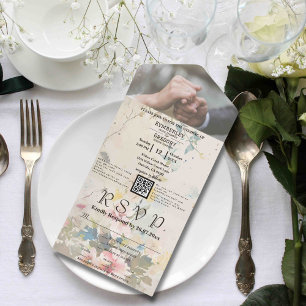 Elegant Pink Cream Watercolor Floral QR Code Photo All In One Invitation