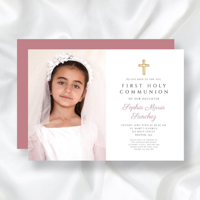 Elegant Pink Cross Girl First Communion Photo Invitation (Elegant Pink Cross Girl First Communion Photo Invitation)