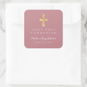 Elegant Pink Cross Girl First Communion Square Sticker
