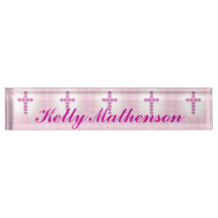 Elegant Pink Cross of Roses on Pink Dotted Nameplate