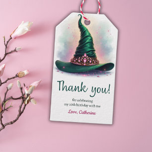 Elegant Pink Crown Green Witch Hat Birthday Gift Tags