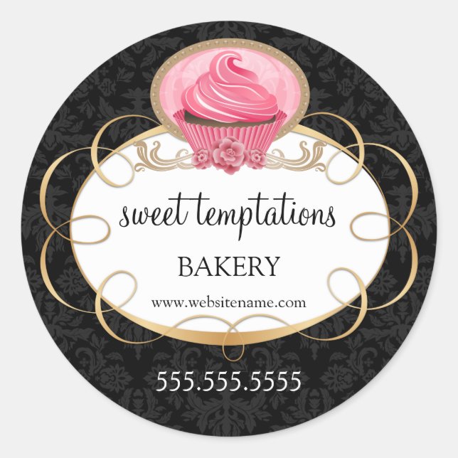 Elegant Pink Cupcake Bakery Packaging Classic Round Sticker (Front)