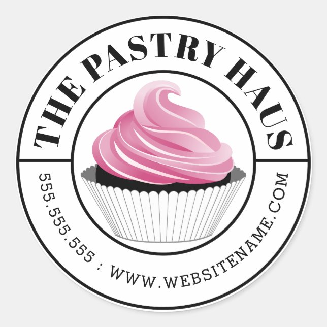 Elegant Pink Cupcake Curved Text Classic Round Sticker (Front)