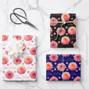 Elegant Pink Dahlia Clover Leaf Birthday Wrapping Paper Sheet