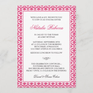 Elegant Pink Damask Bat Mitzvah Invitation