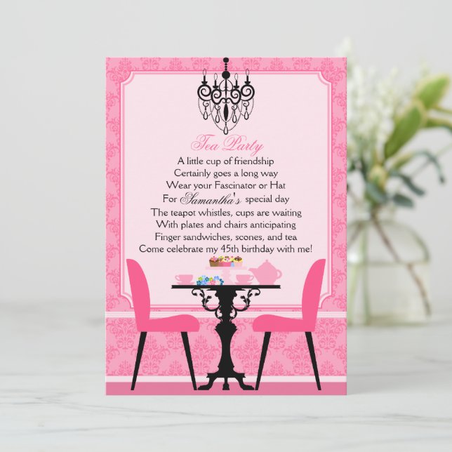 Elegant Pink Damask Birthday Tea Party Invitation (Standing Front)