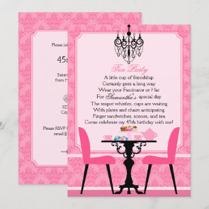 Elegant Pink Damask Birthday Tea Party Invitation