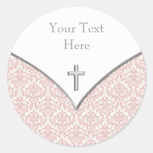 Elegant Pink Damask Christening Stickers