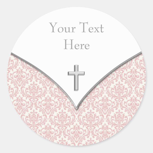 Elegant Pink Damask Christening Stickers (Front)
