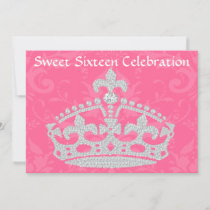 Elegant Pink Damask & Diamond Crown Sweet Sixteen Invitation