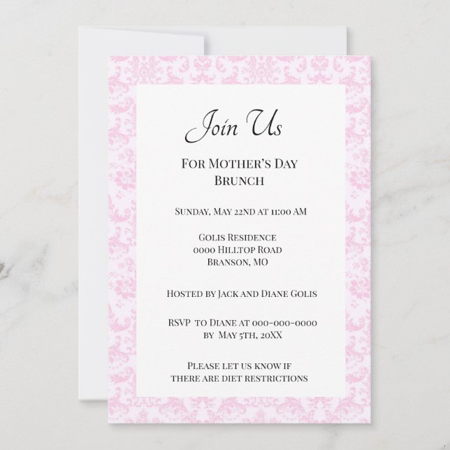 Elegant Pink Damask Mother's Day Brunch  Invitation (Front)