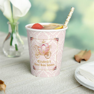 Elegant Pink Damask Princess Carriage Baby Shower Paper Cups
