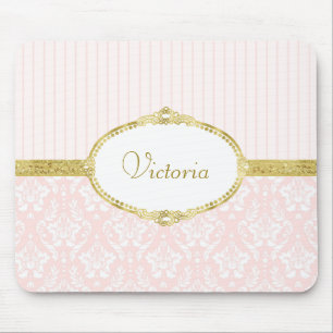 Elegant Pink Damask Vintage Gold Frame and Name Mouse Pad