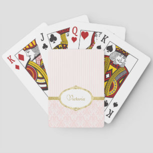 Elegant Pink Damask Vintage Gold Frame and Name Playing Cards