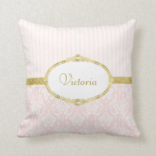 Elegant Pink Damask Vintage Gold Frame and Name Throw Pillow