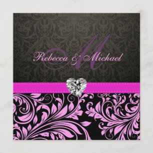 Elegant Pink Damask with Monogram Wedding Invite