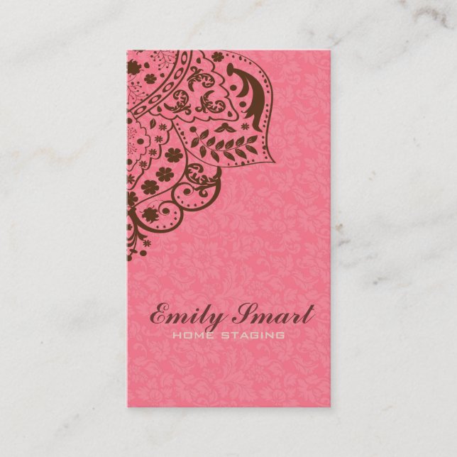 Elegant Pink Damasks  Brown Vintage Lace Business Card (Front)