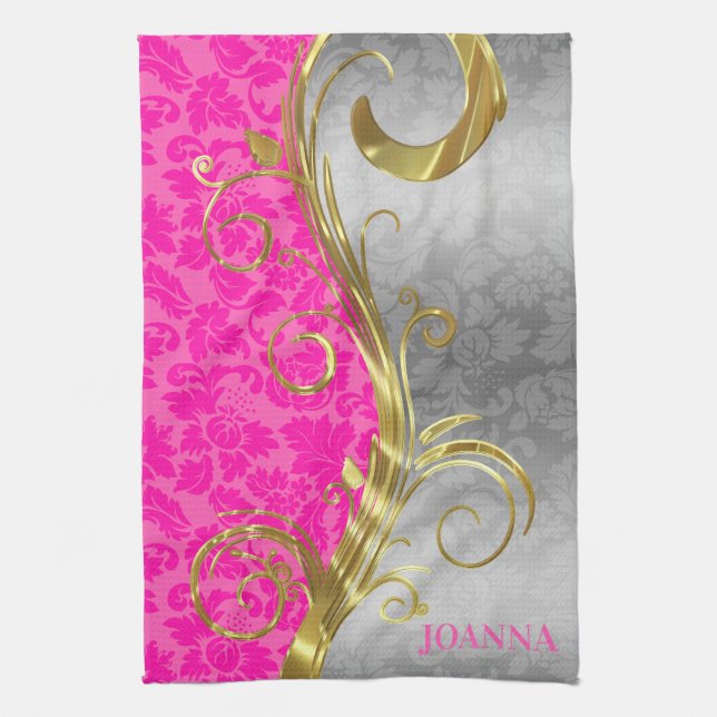Elegant Pink Damasks Gold & Silver Swirls Kitchen Towel (Vertical)