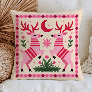Elegant Pink Deers Bohemian Woodland Folk Art Throw Pillow