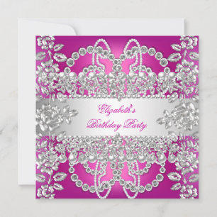 Elegant Pink Diamonds Silver Floral Birthday Party Invitation