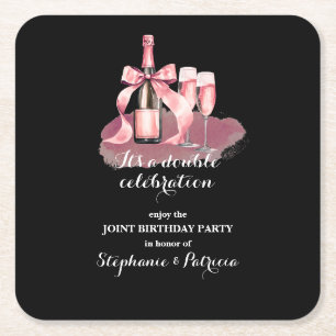 Elegant Pink Double Celebration Joint Birthday Square Paper Coaster