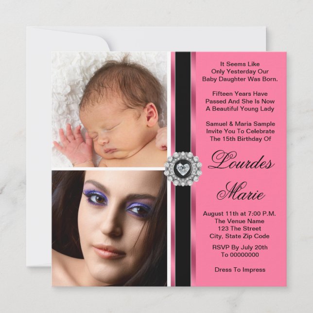 Elegant Pink Double Photo Quinceanera Invitations (Front)