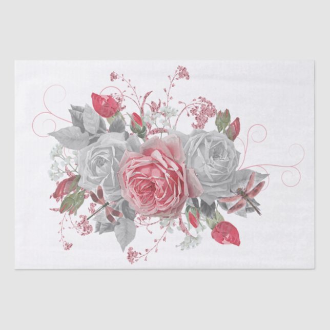 Elegant Pink Dragonfly and Roses Decoupage Tissue  Tissue Paper (Front)