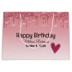 Elegant Pink Dripping Glitter Happy Birthday Large Gift Bag