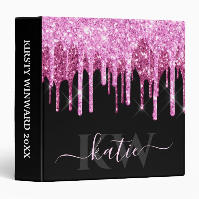 Elegant Pink Dripping Glitter Monogram Binder (Front/Spine)