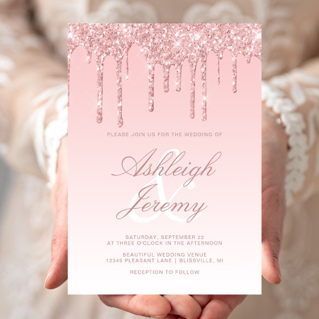 Elegant Pink Dripping Glitter Script Wedding Invitation (Creator Uploaded)