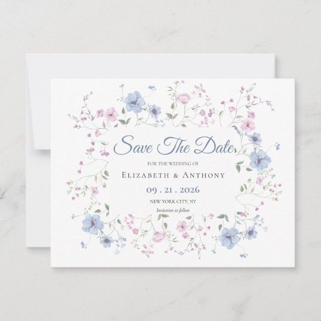 Elegant Pink & Dusty Blue Floral Wedding  Save The Date (Front)