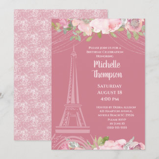 Elegant Pink Eiffel Tower Paris  Birthday     Invitation