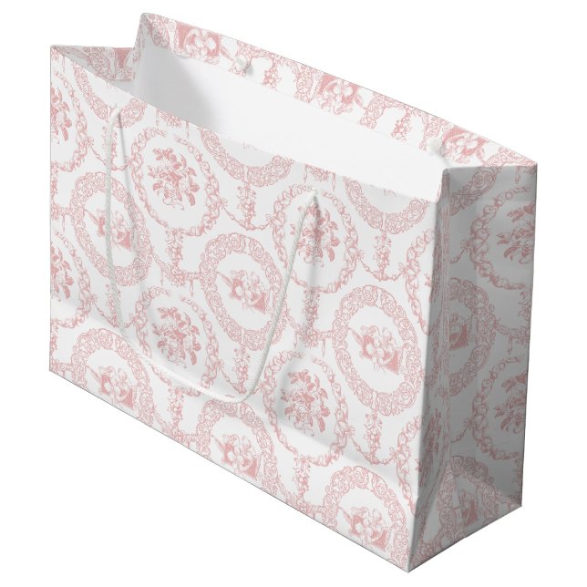 Elegant Pink Engraved Floral Medallions and Swags  Large Gift Bag (Front Angled)